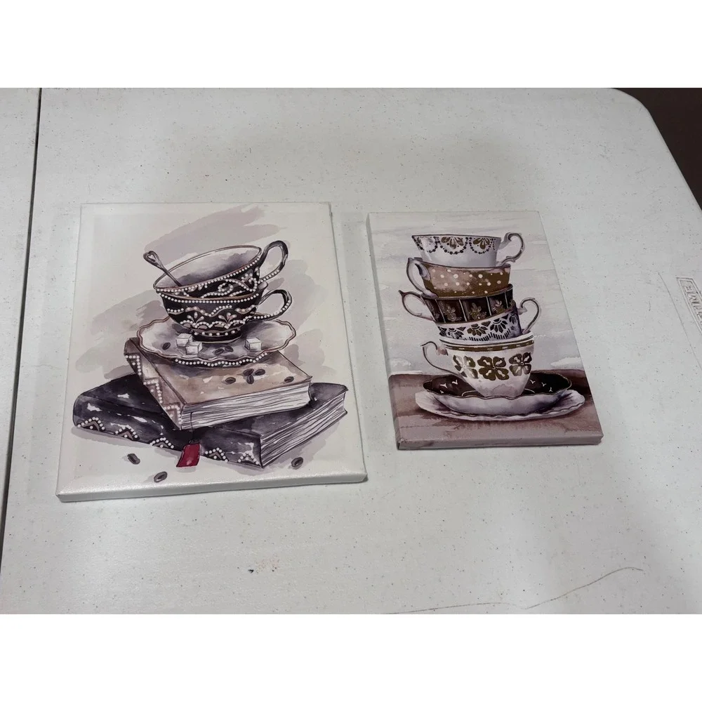 Vintage Style Teacup and Book Canvas Wall Art Set of 2 Kitchen Decor